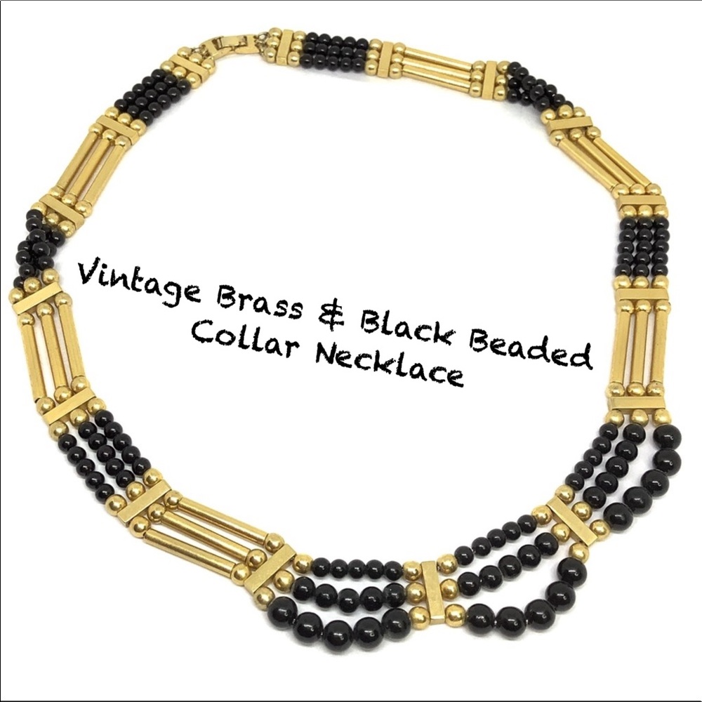 Vintage Brass & Black Beaded Collar Necklace